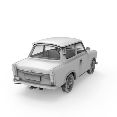 Trabi 601 Rallye v mierke 1:35 s figúrkou pretekára (limitovaná špeciálna edícia)