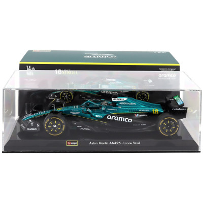 BURAGO ASTON MARTIN F1 AMR25 TEAM ARAMCO COGNIZANT N 18 SEASON 2025 LANCE STROLL - WITH PILOT AND SHOWCASE - GREEN BLACK 1/24