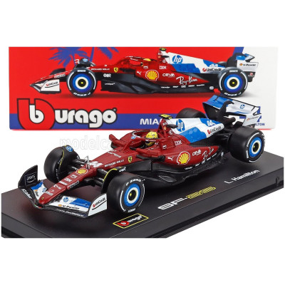 BURAGO FERRARI WITH PILOT AND SHOWCASE - F1 SF-25 TEAM SCUDERIA FERRARI HP N 44 MIAMI GP 2025 LEWIS HAMILTON - RED WHITE BLUE