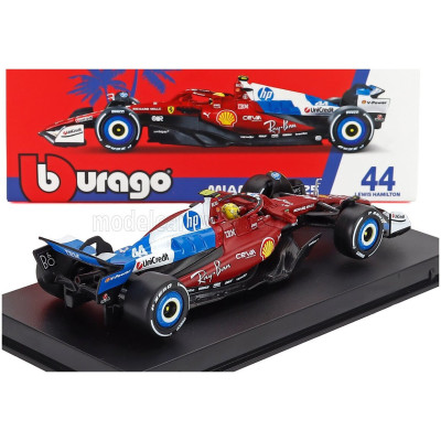 BURAGO FERRARI WITH PILOT AND SHOWCASE - F1 SF-25 TEAM SCUDERIA FERRARI HP N 44 MIAMI GP 2025 LEWIS HAMILTON - RED WHITE BLUE