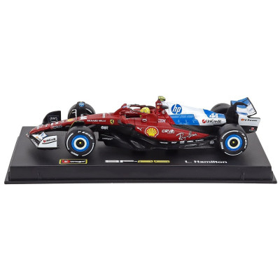 BURAGO FERRARI WITH PILOT AND SHOWCASE - F1 SF-25 TEAM SCUDERIA FERRARI HP N 44 MIAMI GP 2025 LEWIS HAMILTON - RED WHITE BLUE