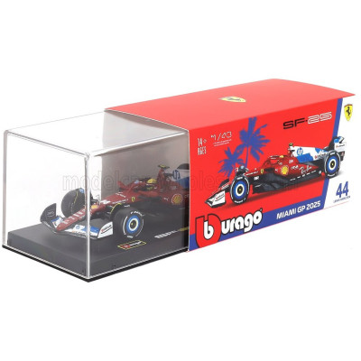 BURAGO FERRARI WITH PILOT AND SHOWCASE - F1 SF-25 TEAM SCUDERIA FERRARI HP N 44 MIAMI GP 2025 LEWIS HAMILTON - RED WHITE BLUE