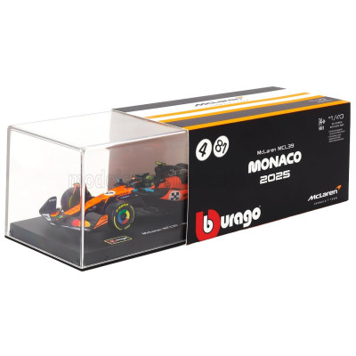 BURAGO McLAREN F1 MCL39 TEAM MCLAREN N 4 WORLD CHAMPION WINNER MONACO GP 2025 LANDO NORRIS - WITH PILOT AND SHOWCASE - ORANGE