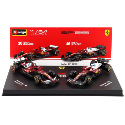 BURAGO FERRARI SET F1 2X SF-25 TEAM SCUDERIA FERRARI HP N 16 SEASON 2025 CHARLES LECLERC + 4th MONZA ITALY GP 2025 - CON