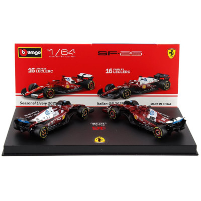 BURAGO FERRARI SET F1 2X SF-25 TEAM SCUDERIA FERRARI HP N 16 SEASON 2025 CHARLES LECLERC + 4th MONZA ITALY GP 2025 - CON