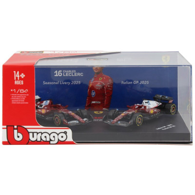 BURAGO FERRARI SET F1 2X SF-25 TEAM SCUDERIA FERRARI HP N 16 SEASON 2025 CHARLES LECLERC + 4th MONZA ITALY GP 2025 - CON