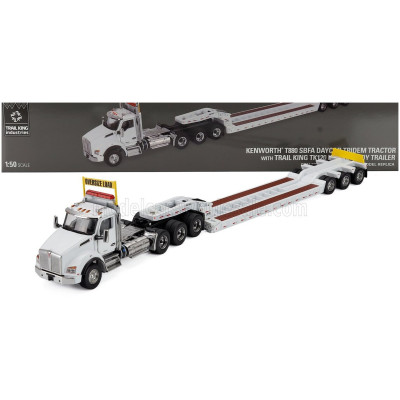 DM MODELS KENWORTH T880 TRUCK PIANALE SBFA DAYCAB TRIDEM TRACTOR WITH TRAIL KING LOWBOY TRAILER - WHITE 1/50