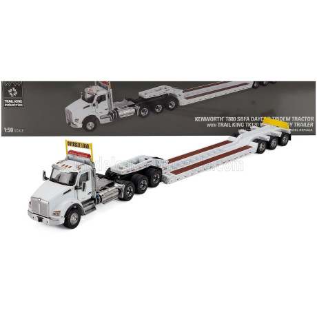 DM MODELS KENWORTH T880 TRUCK PIANALE SBFA DAYCAB TRIDEM TRACTOR WITH TRAIL KING LOWBOY TRAILER - WHITE 1/50