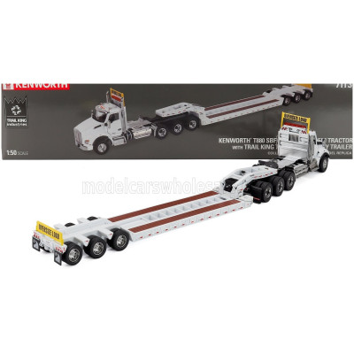 DM MODELS KENWORTH T880 TRUCK PIANALE SBFA DAYCAB TRIDEM TRACTOR WITH TRAIL KING LOWBOY TRAILER - WHITE 1/50