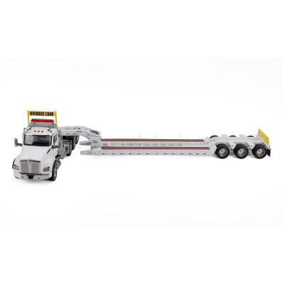 DM MODELS KENWORTH T880 TRUCK PIANALE SBFA DAYCAB TRIDEM TRACTOR WITH TRAIL KING LOWBOY TRAILER - WHITE 1/50