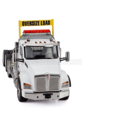 DM MODELS KENWORTH T880 TRUCK PIANALE SBFA DAYCAB TRIDEM TRACTOR WITH TRAIL KING LOWBOY TRAILER - WHITE 1/50