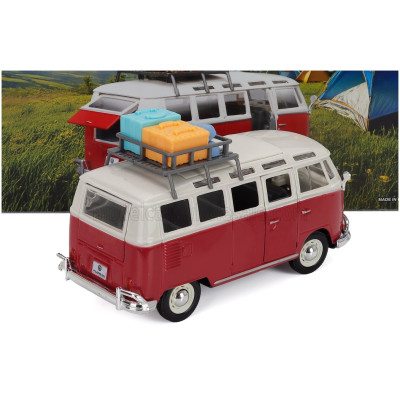 MAISTO VOLKSWAGEN T1 MINIBUS SAMBA 1962 WITH ROOF RACK AND ACCESSORIES - RED WHITE 1/25