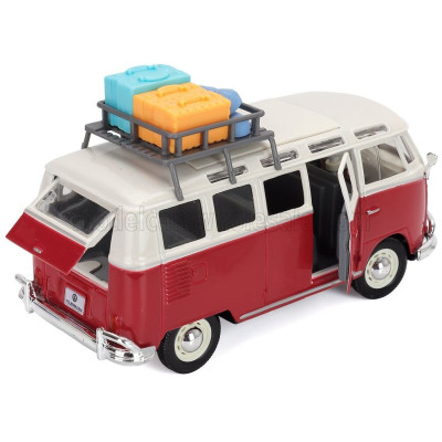 MAISTO VOLKSWAGEN T1 MINIBUS SAMBA 1962 WITH ROOF RACK AND ACCESSORIES - RED WHITE 1/25