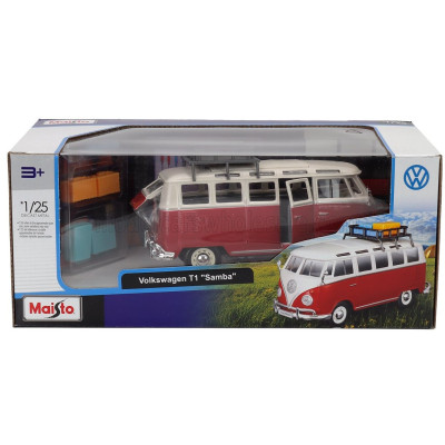 MAISTO VOLKSWAGEN T1 MINIBUS SAMBA 1962 WITH ROOF RACK AND ACCESSORIES - RED WHITE 1/25