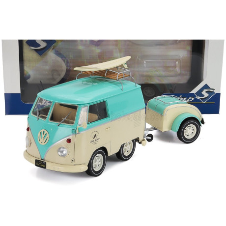 SOLIDO VOLKSWAGEN T1 VAN KOOL COMBI WITH TRAILER 1950 - LIGHT BLUE WHITE 1/18