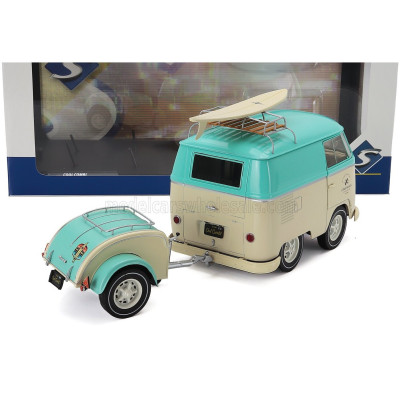 SOLIDO VOLKSWAGEN T1 VAN KOOL COMBI WITH TRAILER 1950 - LIGHT BLUE WHITE 1/18