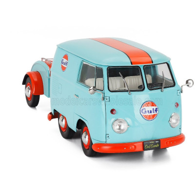SOLIDO VOLKSWAGEN T1 VAN KOOL COMBI WITH TRAILER GULF OIL TRIBUTE 1950 - LIGHT BLUE ORANGE 1/18