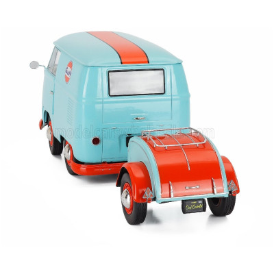 SOLIDO VOLKSWAGEN T1 VAN KOOL COMBI WITH TRAILER GULF OIL TRIBUTE 1950 - LIGHT BLUE ORANGE 1/18