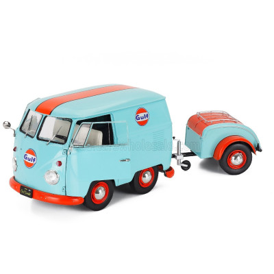SOLIDO VOLKSWAGEN T1 VAN KOOL COMBI WITH TRAILER GULF OIL TRIBUTE 1950 - LIGHT BLUE ORANGE 1/18