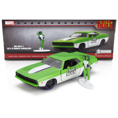 JADA PLYMOUTH BARRACUDA NŐSTÉR HULK FIGURÁKKAL 1973 - ZÖLD FEHÉR 1/32