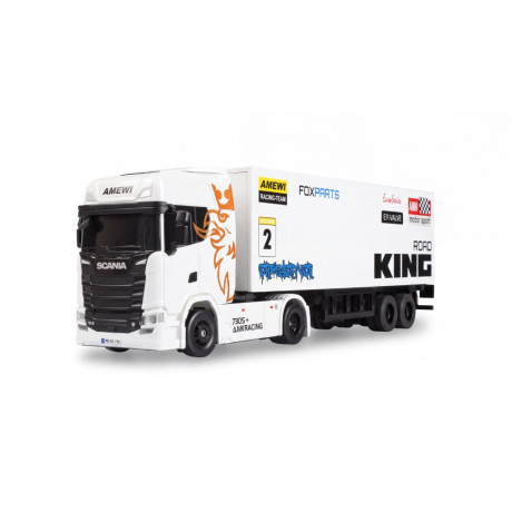 Mini Scania 730 S so skriňovým návesom, pohon 4WD, mierka 1:64, RTR, biela