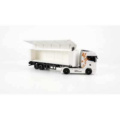 Mini Scania 730 S so skriňovým návesom, pohon 4WD, mierka 1:64, RTR, biela