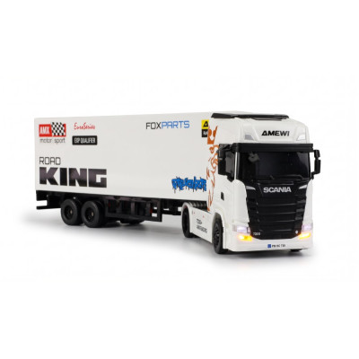 Mini Scania 730 S so skriňovým návesom, pohon 4WD, mierka 1:64, RTR, biela