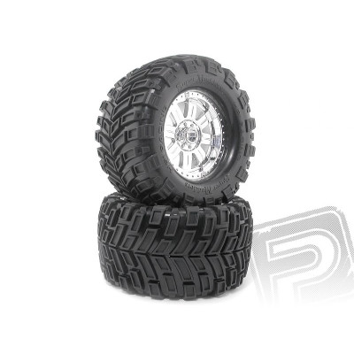 Nalepené Super Mudders gumy 155x85mm na chromových diskách, 2ks. pro Savage