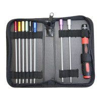 Ratchet csavarhúzó készlet 3,0, 3,5, 4,0, 4,5, 4,5, 5,0, 5,5, 6,0 és 7,0 mm-es dugókulcsokkal. Bit hossza 160 mm, állítható csavarhúzó behelyezési hossz, markolat hossza 134 mm és átmérője 24 mm.