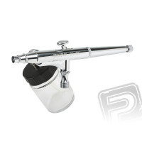 Kettős hatású szórópisztoly a finom munkálásához és a nagyobb felületekre is alkalmas. 7 vagy 22 ml-es cserélhető oldalsó flakonnal. Ideális a body-art-ra, barnító színek spray-ezesére, pólók festésére, stb.Menet az 1/8 tömlőre pászol.