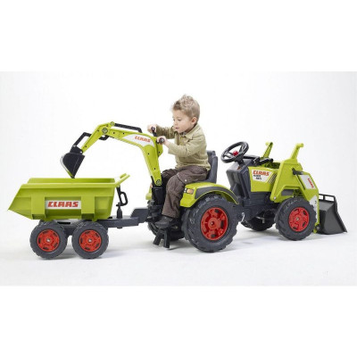 FALK - Šlapací traktor Claas Axos s nakladačem, rypadlem a vlečkou