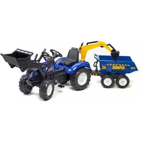 FALK - Šlapací traktor New Holland T8 s nakladačem, rypadlem a maxi vlečkou