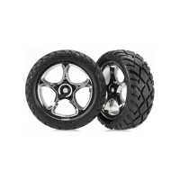 Teljes első kerekek a Traxxas Bandithoz. Krómozott kerekek Anaconda gumiabroncsokkal. Kerékméret ø60x25 mm, teljes méret 83x29 mm. A hordozó tengely egy csapszeggel ellátott tengely. Offset 15 mm.