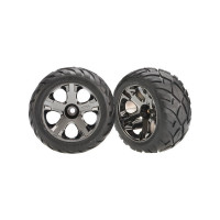 Komplett első kerekek RC autókhoz. Fekete krómozott kerekek Anaconda gumiabroncsokkal és betéttel.  Tárcsa mérete ø70x50 mm, gumiabroncs mérete ø106x50 mm, offset 16 mm, csapágyanként 11 mm.