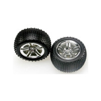 Komplett kerekek RC autókhoz. Krómozott dupla küllős kerekek Alias gumiabroncsokkal és betéttel. Tárcsa mérete 73x48 mm. Teljes méret 110x53 mm. Csapágyazás 12 mm-es hatszögletű, 18 mm-es eltolással.