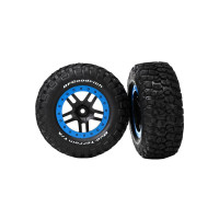 Komplett első kerekek Traxxas 2WD RC autókhoz. Split Spoke fekete kerekek kék felnikkel, Goodrich KM2 Mud Terrain gumiabroncsokkal. Tárcsa mérete 61/81x42 mm. Teljes méret 110x46 mm. A hordozó 12 mm-es hatszögletű, 22 mm-es eltolással.