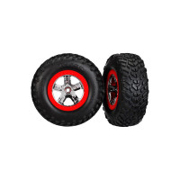 Komplett első kerekek Traxxas 2WD RC autókhoz. SCT krómozott kerekek piros felnikkel és SCT gumiabroncsokkal. Tárcsaméret 61/81x42 mm. Teljes méret 110x46 mm. A hordozó 12 mm-es hatszögletű, 22 mm-es eltolással.
