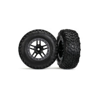 Komplett első kerekek 2WD RC autóhoz Traxxas Slash. Fekete SCT Split-Spoke kerekek szatén krómozott felnikkel és SCT gumiabroncsokkal. Tárcsaméret 61/81x42 mm. Teljes méret 110x46 mm. A hordozó 12 mm-es hatszögletű, 22 mm-es eltolással. 