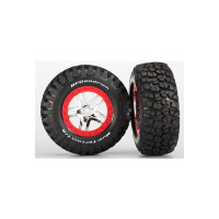 Teljes univerzális kerekek a Traxxas Slayer RC autóhoz. Szatén színű kerekek piros SCT Split-Spoke felnikkel, BFGoodrich KM2 Mud-Terrain gumiabroncsokkal és betéttel. Tárcsaméret 61/81x42 mm. Teljes méret 110x46 mm. A hordozó 12 mm-es hatszögletű, 30 mm-es eltolással.
