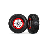 Teljes univerzális kerekek a Traxxas Slayer autókhoz. SCT Split-Spoke krómozott kerekek piros felnikkel és SCT gumiabroncsokkal. Tárcsaméret 61/81x42 mm. Teljes méret 110x46 mm. A hordozó 12 mm-es hatszögletű, 30 mm-es eltolással.