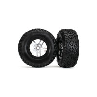 Teljes univerzális kerekek a Traxxas Slayer autókhoz. SCT Split-Spoke ezüst színű kerekek fekete felnikkel és SCT abroncsokkal. Tárcsaméret 61/81x42 mm. Teljes méret 110x46 mm. A hordozó 12 mm-es hatszögletű, 30 mm-es eltolással.