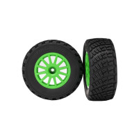 Komplett univerzális kerekek RC autóhoz Ford Fiesta ST Rally 1:10. Zöld Rally tárcsa Gravel abroncsokkal. Tárcsa mérete 60/80x42 mm. Teljes méret 103x42 mm. A hordozó 12 mm-es hatszögletű, 24 mm-es eltolással.