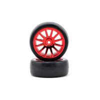 Komplett univerzális kerekek LATrax Rally 1:18 RC autókhoz. 12 küllős tárcsa piros krómozott, slick gumikkal. Tárcsa mérete 35x17 mm. Teljes méret 44x17 mm. A hordozó 8 mm-es hatszögletű, 11 mm-es eltolással.