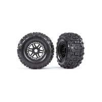 Traxxas kerék 2,8/3,6", fekete kerekek, Sledgehammer gumik (2) - A gumik extrém tapadást és irányíthatóságot biztosítanak a különböző terepeken. Tapadós gumik habbetéttel a felniken. 17 mm-es emelés.