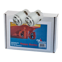 Hajtókészlet a ROMARIN Happy Hunter modellhajóhoz, 2 db MAX POWER 700 12V-os motort tartalmaz, beleértve a szuppresszív kondenzátorokat, a csatlakozókábeleket és a rögzítőcsavarokat. A nagy nyomatékú motorok közvetlenül a csónak tengelyéhez csatlakoznak.