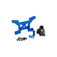 Pótalkatrész RC modellautóhoz Traxxas Rustler 4WD: kék eloxált első lengéscsillapító torony, nagy szilárdságú alumíniumból 7075-T6. Karosszériatartóval együtt.